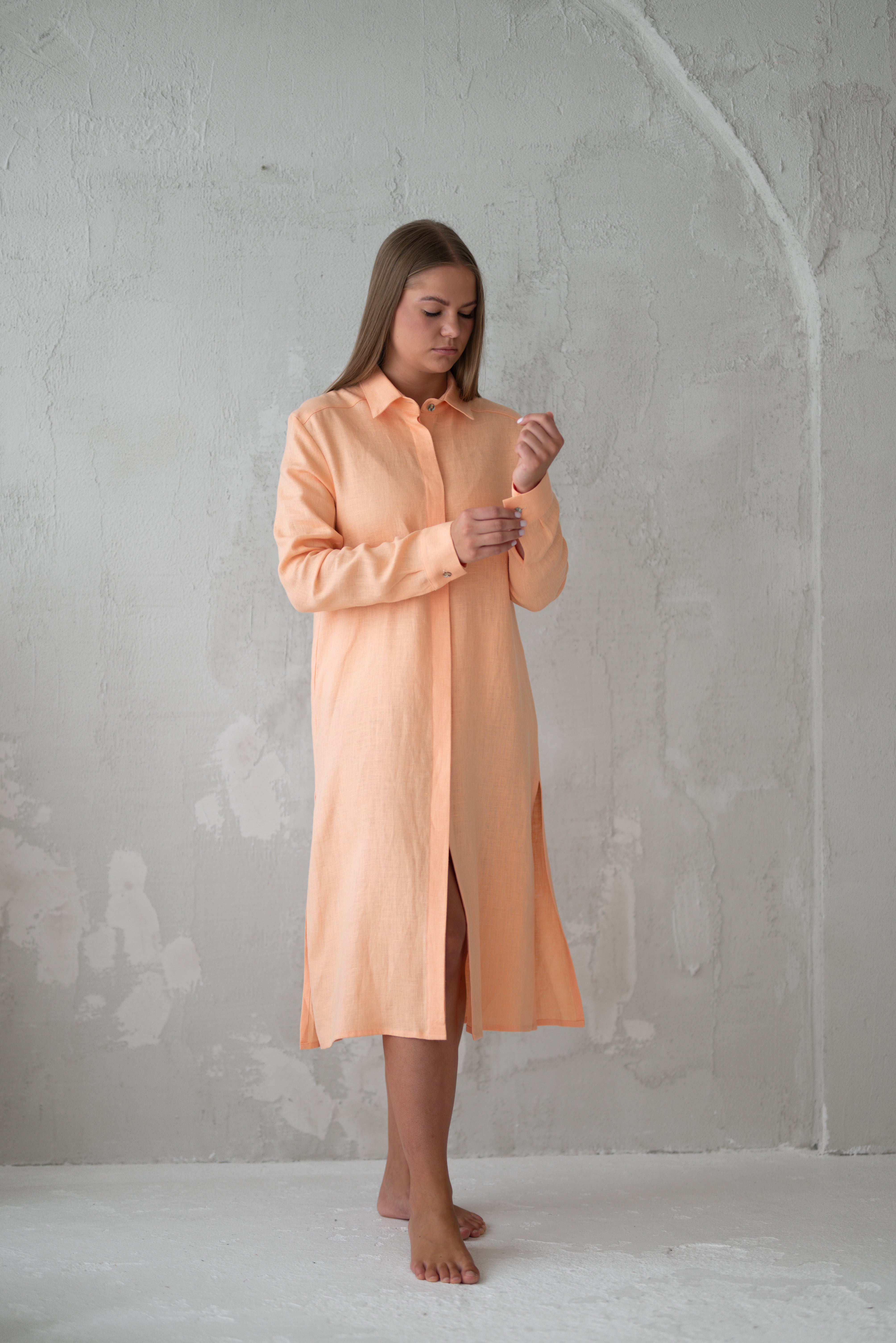 Beach linen tunic/dress CW008 with belt in PEACH COLOUR (3583)