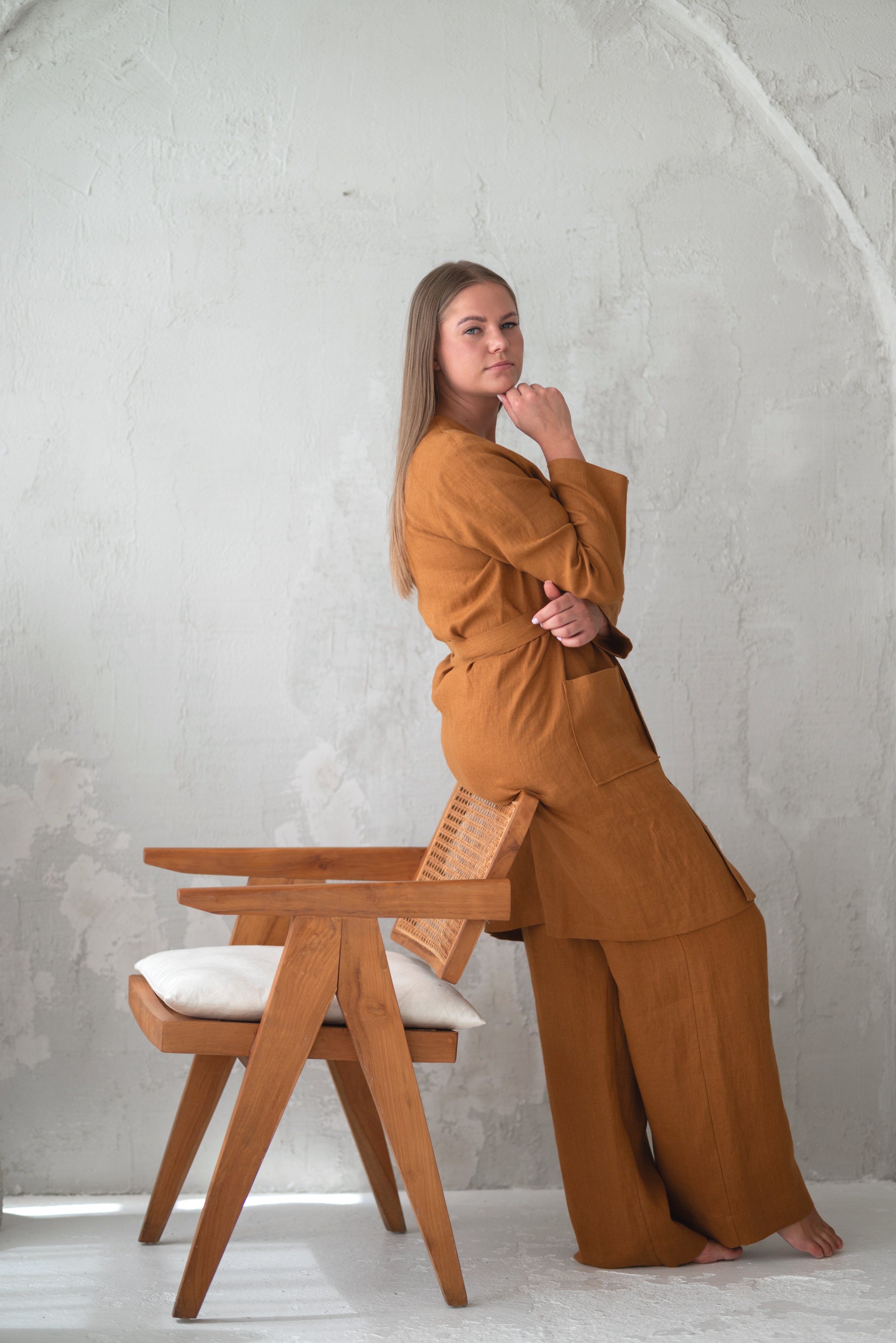 Linen bathrobe BL024 in CINNAMON colour (3330)